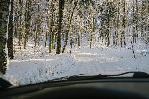 Gorjanci so se popoldne kopali v soncu. Cesta zasnežena, koča v snegu. Pravljica.