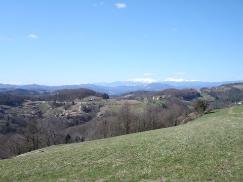 Pogled z vrha Primskove gore. Desno so Kamniške Alpe, levo pa Julijske z očakom Triglavom.