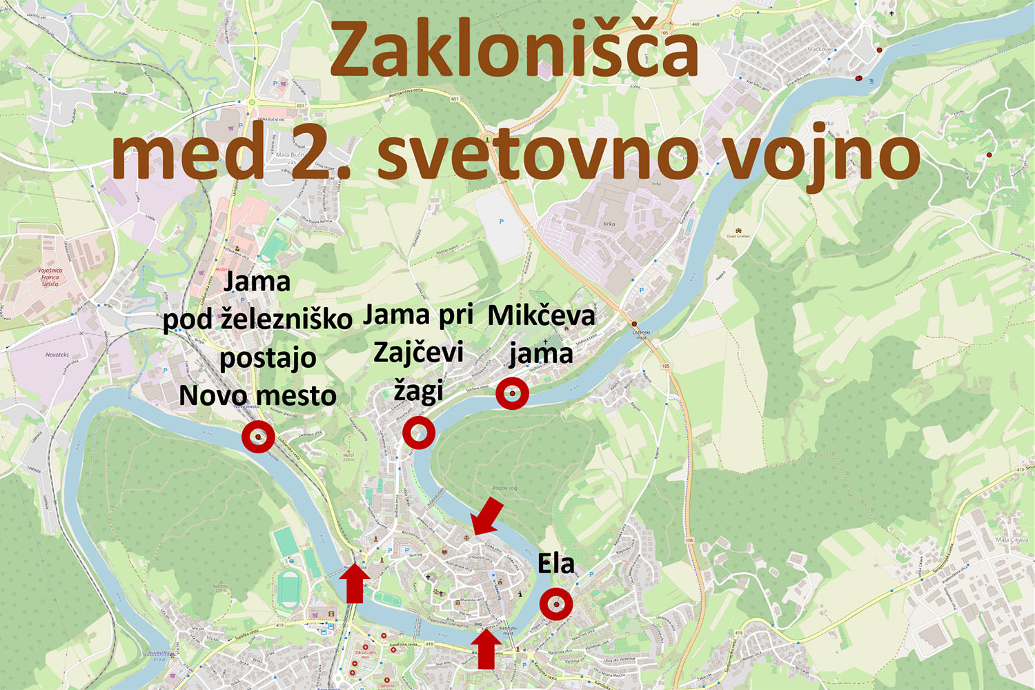 Potrjena zaklonišča med 2. svetovno vojno v Novem mestu. Grafični prikaz Marko Pršina.
