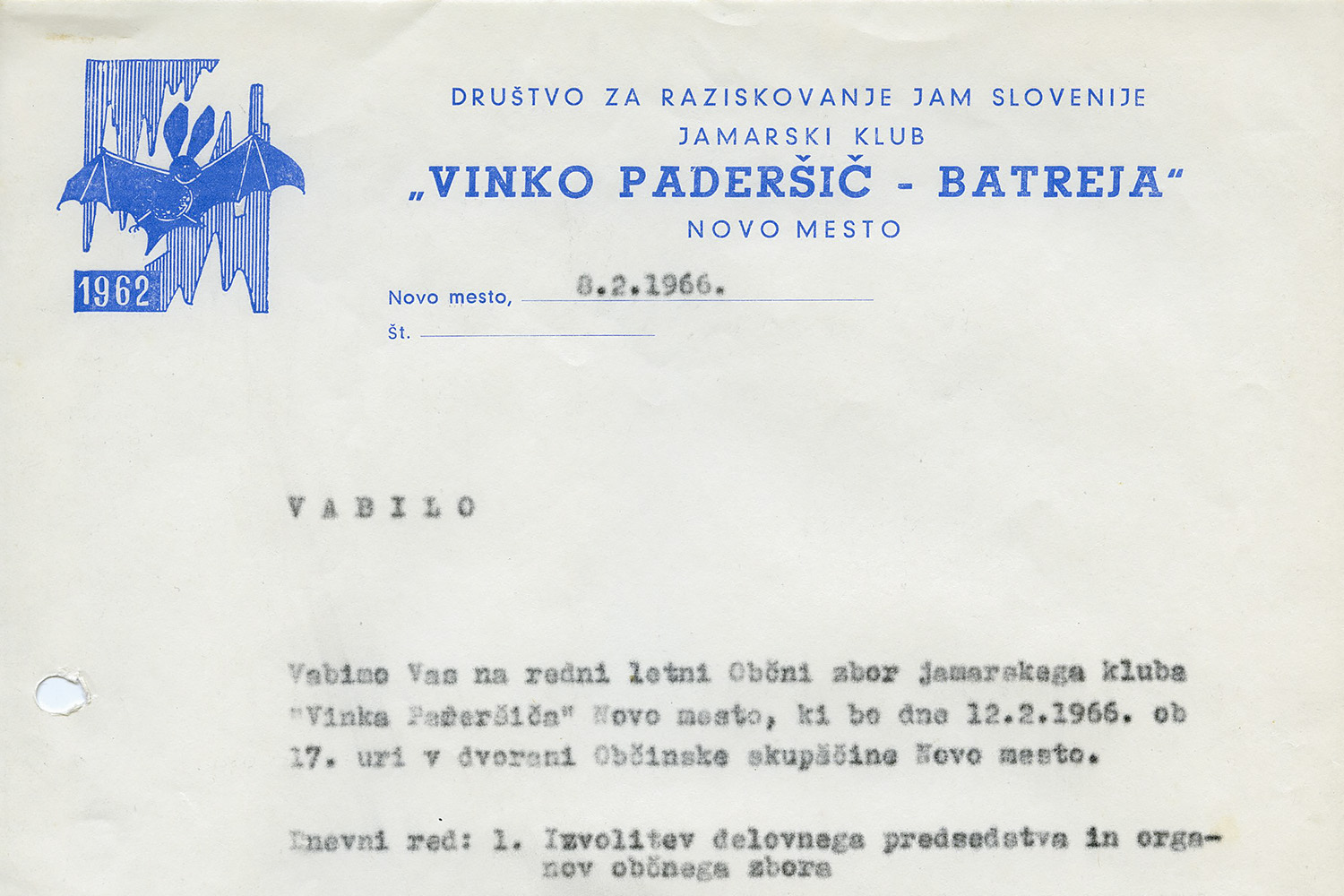 Dopisna glava novopoimenovanega kluba (1966)